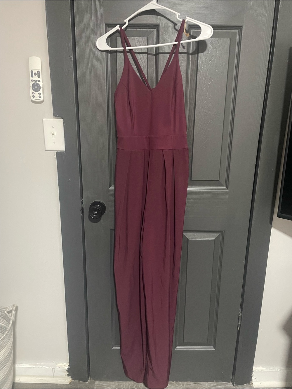 HALARA Burgundy V-Neck Wide-Leg Jumpsuit with pockets